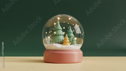 Festive winter snow globe with miniature snowy Christmas trees inside on a dark green background