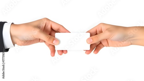 Two hands meet over a blank white card—one suited, one bare—capturing a moment of introduction, transaction, or silent agreement in a clean, minimalist gesture.