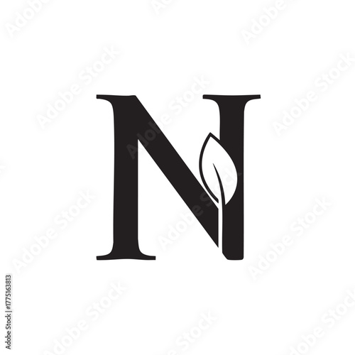 Black letter N with leaf white symbol