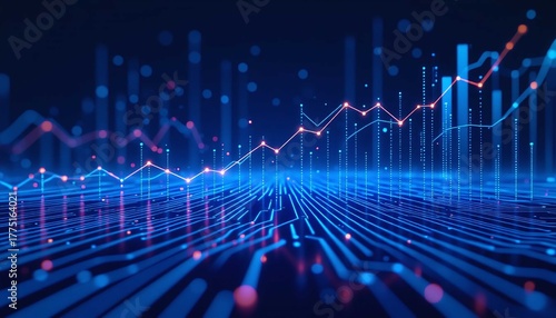 Futuristic digital visualization of financial growth and stock market analysis, depicting big data flow across a technology network