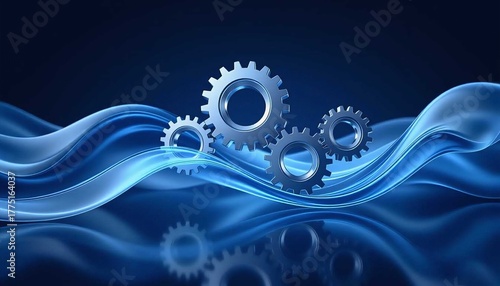 Sleek metallic gears rotating within a luminous blue abstract background, symbolizing engineering innovation and digital technology workflow process
