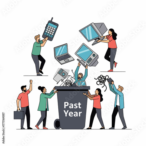 Flat vector illustration electronic waste disposal in trash symbolizing outdated technology