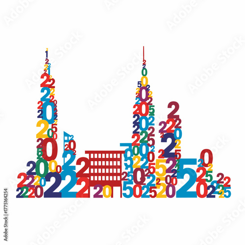Abstract skyline made of colorful numeric patterns and city landmarks