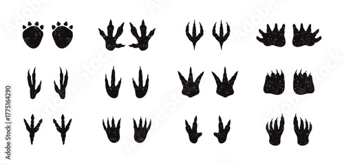 Dinosaur footprint silhouette textured grunge doodle hand drawn icon set. Drawing line clipart symbol collection