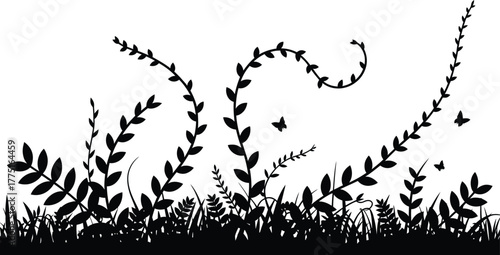 Black Silhouette of Grass, Plants, Vines, and Butterflies Against White Background Illustration