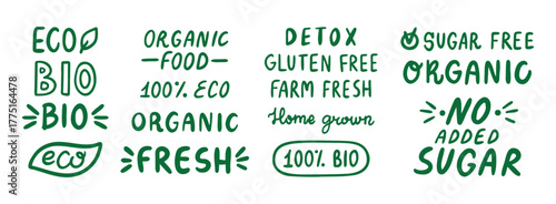 eco organic doodle hand drawn inscriptions lettering labels set. lettering text organic, 100 natural, bio, no added sugar and detox. healthy food icon