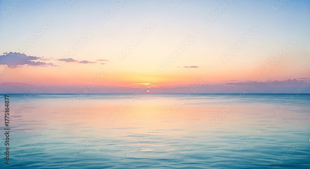 Obraz premium Serene Sunset Over Calm Ocean Waters Reflecting Sky Colors.