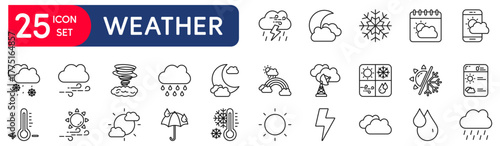 Weather set of web icons in line style. vector illustration concept relate to wind, storm, rain, cloud, snow, sunny, moon, forecast, cloudy, sky, rainy, cold, umbrella
