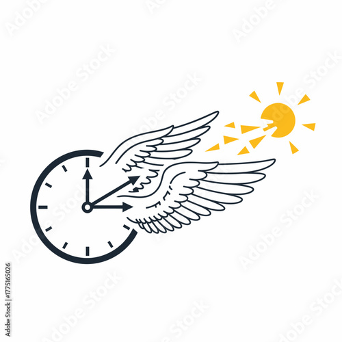 Conceptual illustration of time flying with a winged clock and sun icon