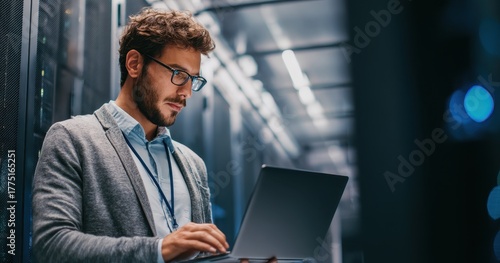 IT specialist operates laptop in data center male admin manages cloud servers focusing on cybersecurity