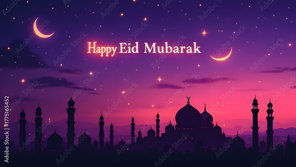 Naklejka premium Happy Eid Mubarak mosque silhouette with purple sky and crescent