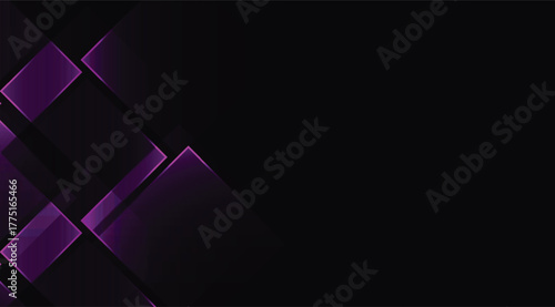 Abstract background features translucent purple squares arranged on the left side against a deep black backdrop, creating a modern, stylish, and visually striking design