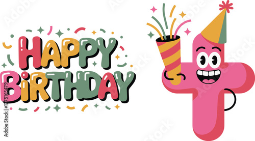 Fourth Birthday Cartoon Illustration with Number Four Character and Party Confetti Decorations