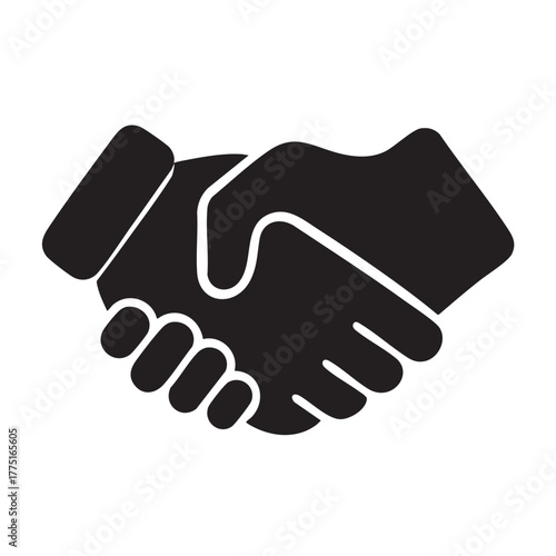 A simple black and white illustration of two hands in a handshake