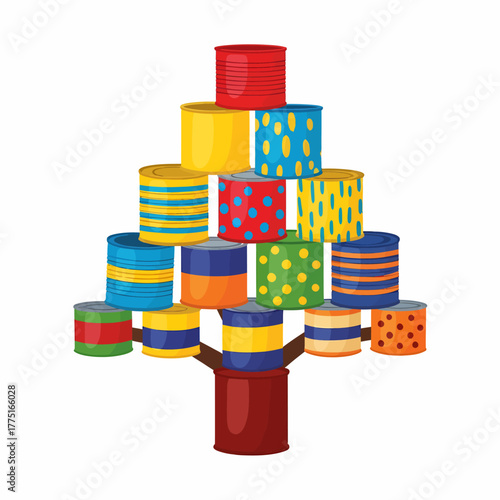 Cartoon illustration tin can stack game colored metal cans pyramid