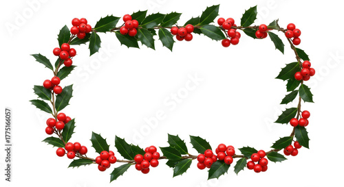 Red Berries And Green Leaves Holiday Frame Isolated on Transparent PNG Background.