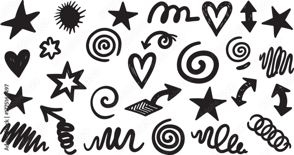 Fototapeta premium A collection of hand-drawn, doodle elements in black ink on a white background.