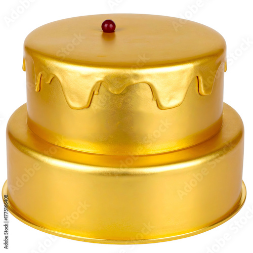 Two-tiered golden cake with dripping frosting and a single cherry on top