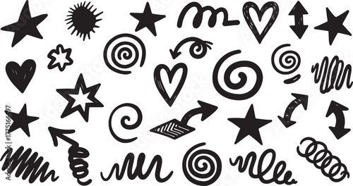 A collection of hand-drawn, doodle elements in black ink on a white background.