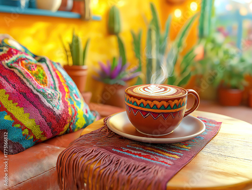 Steaming cup of Mexican hot chocolate in a cozy café setting