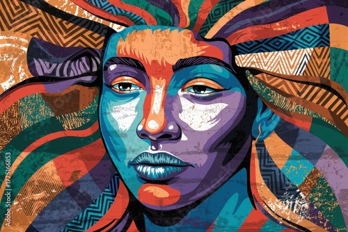 Vibrant pop art style illustration of a woman's face with colorful abstract patterns