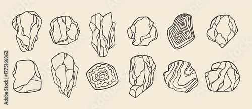 outline stones thin line art style. Black and white grunge crack, curls, waves. Abstract natural boho design.