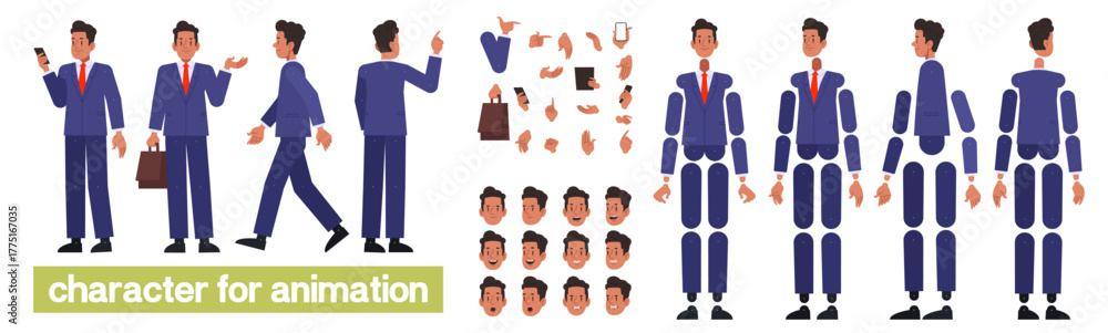 Fototapeta premium Businessman character set for animation and personalized illustrations. DIY kit. Flat style