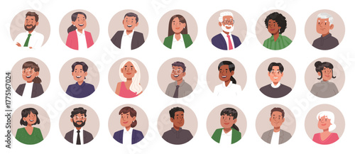 Set of multicultural business avatars of men and women in a circle. Vector illustration