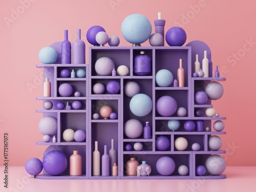 Abstract 3D illustration of a monochrome purple shelf filled with geometric objects