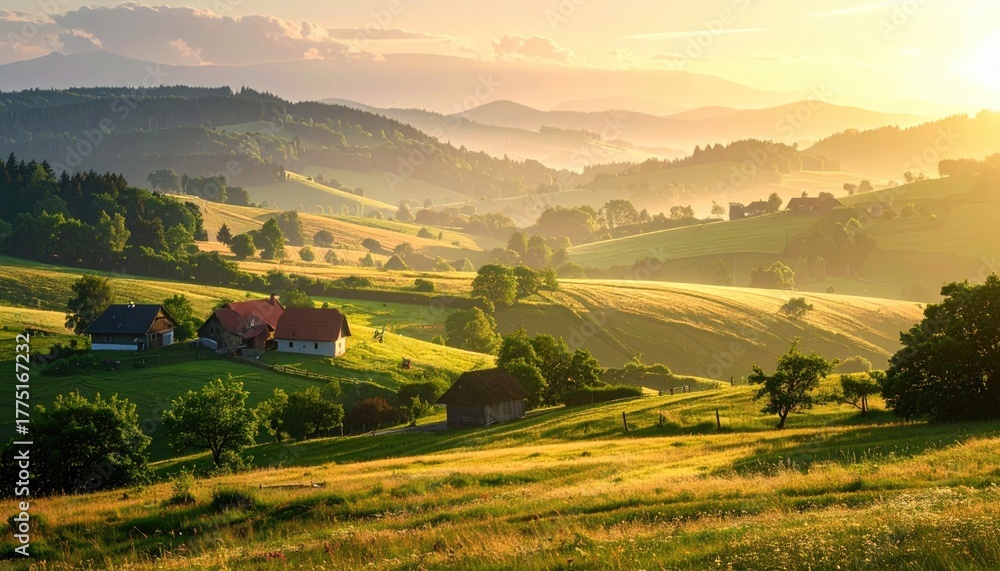 Naklejka premium Golden Hour Sunrise Over Rolling Hills With Distant Village And Mist In The Valley
