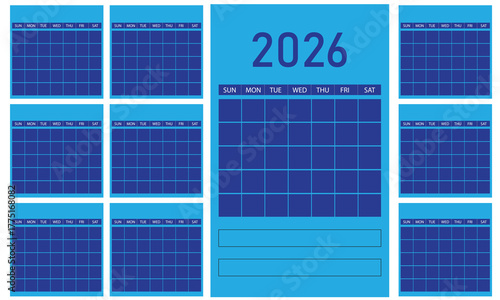 Minimalist 2026 annual calendar template featuring all twelve months and a prominent, editable current month view for comprehensive scheduling needs.