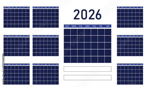 Year 2026 annual calendar template in shades of blue with blank month grids and week days for comprehensive planning and essential scheduling events