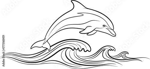 Dolphin illustration—leaping dolphin above stylized waves, fluid motion and marine energy theme, black-and-white continuous line art vector