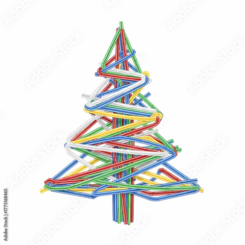 Abstract Christmas tree formed by vibrant colorful connected straws arrangement