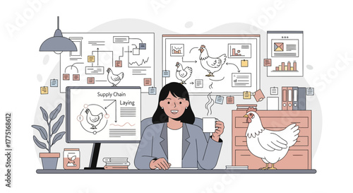 Conceptualization of a businesswoman managing poultry supply chain complexities