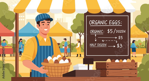 Illustration of a farmer selling organic eggs at a vibrant local market stall