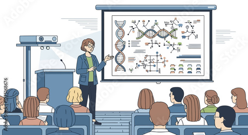 Female scientist presenting complex biological diagrams to a seated audience