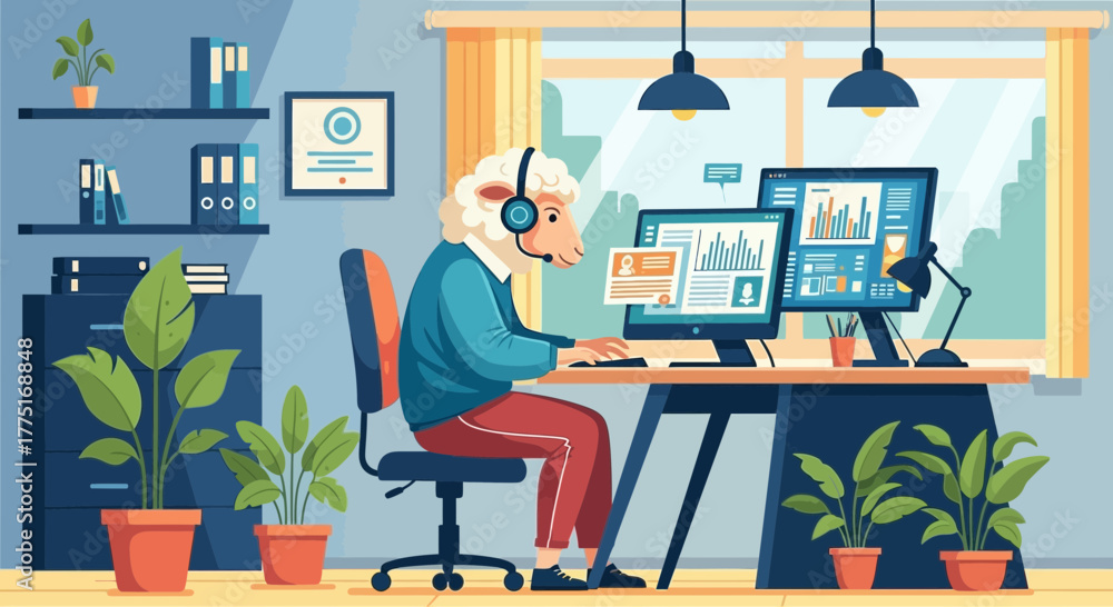 Fototapeta premium Illustrative depiction of a sheep working at a computer desk in a cozy office setting