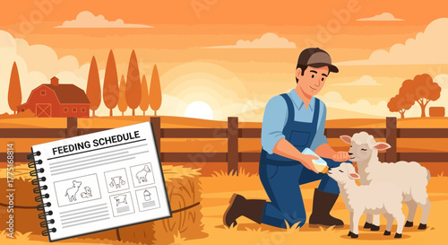Illustrative depiction of a farmer carefully feeding lambs on a rural farmland setting