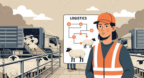 Illustration showcasing the logistics of sheep farming and transportation system