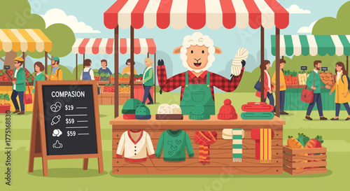 Charming Sheep Artisan at a Bustling Farmers Market Selling Handcrafted Woolens
