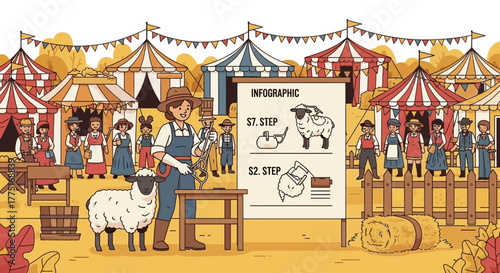 Rural fair scene: A woman presents sheep shearing steps at a livestock exhibit