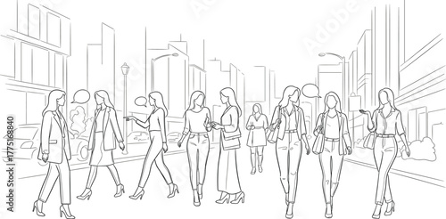 City street fashion illustration—nine stylish women walking, smartphones, handbags, urban background with buildings and cars, black-and-white line art