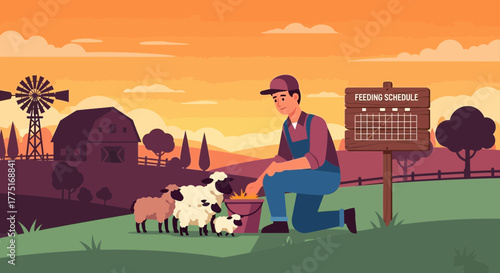 Countryside scene showcasing a farmer feeding sheep with barn and windmill backdrop