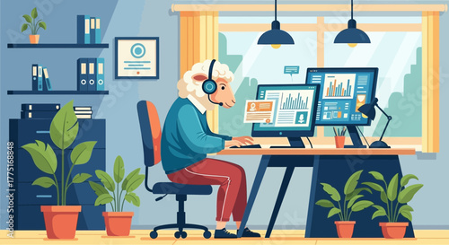 Illustrative depiction of a sheep working at a computer desk in a cozy office setting