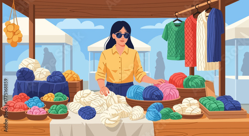 Woman selling colorful yarn and clothing at a vibrant outdoor craft fair stall