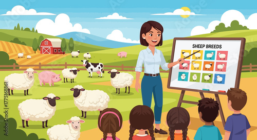 Animated farm lesson about different sheep breeds presented to attentive kids