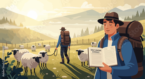 A pastoral scene of shepherds managing grazing schedules for their sheep flock