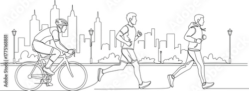 Urban fitness illustration—three people cycling and jogging in city park with skyline backdrop, minimalist black-and-white line art vector