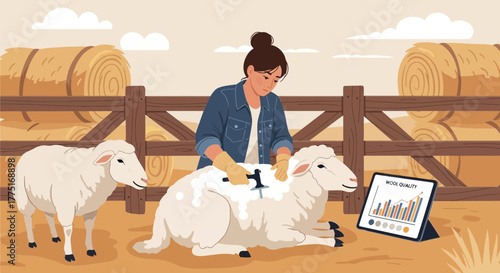 Woman Shearing Sheep with Technology Analysis in Rural Farm Illustration